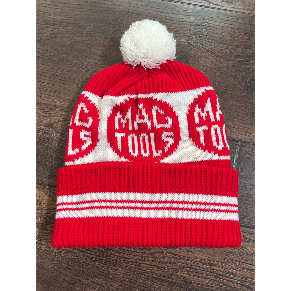 70s Mac Tools Beanie Hat Red White Knit Pom Winter Cap Automotive Mechanic VTG